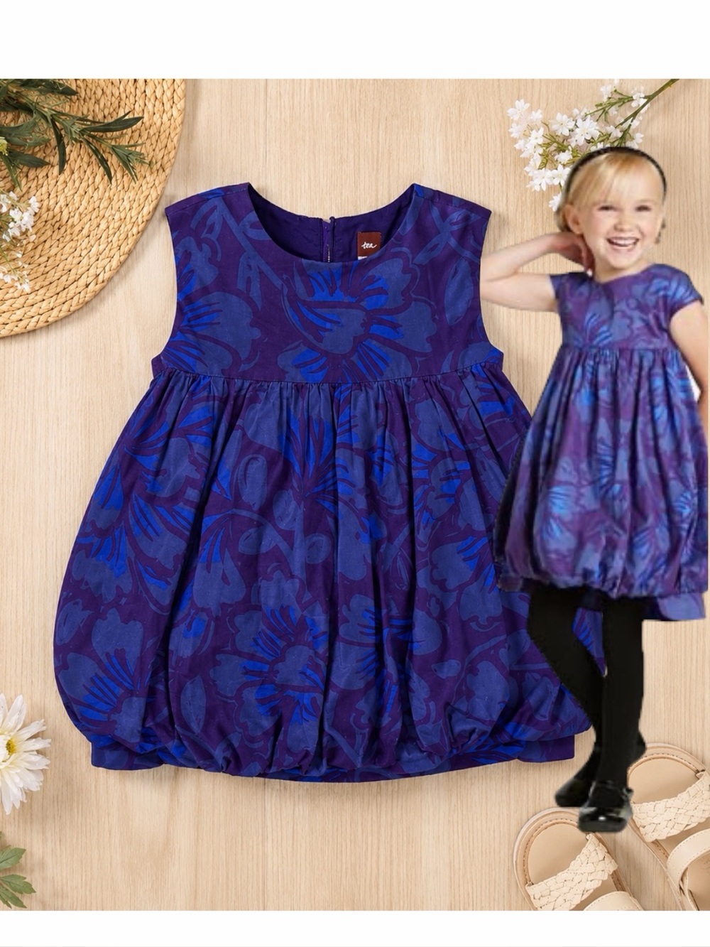 New Tea Collection Floral Bubble Dress 3T Toddler Girl Purple &!Blue Ethnic